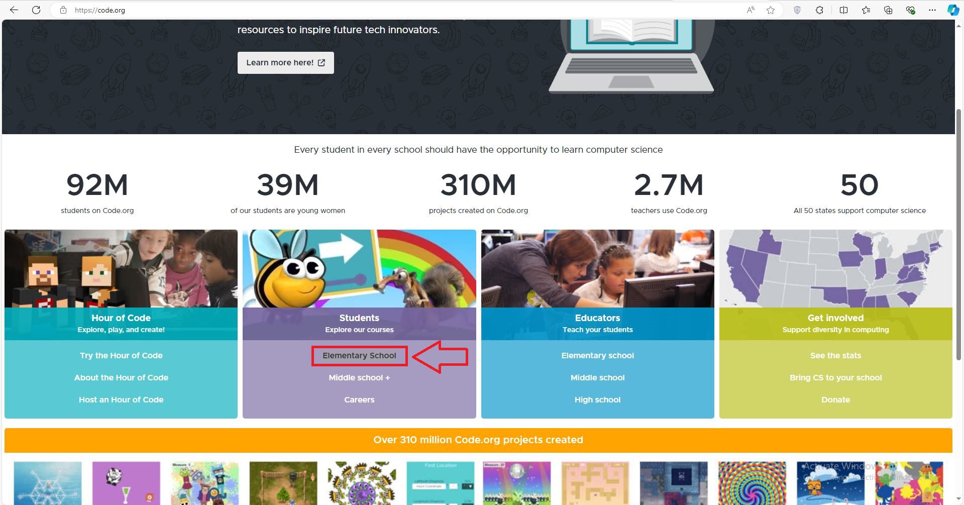 انتخاب Elementary School در سایت code.org