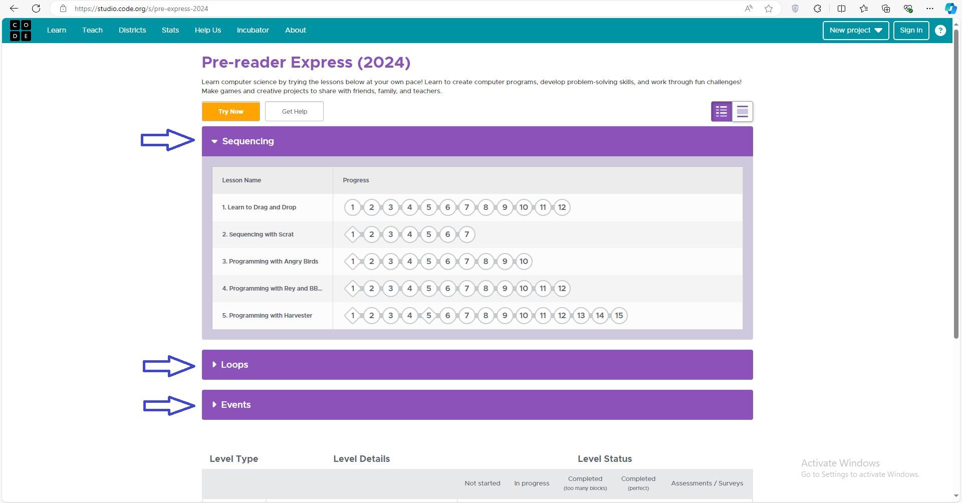 صفحه آموزش 5 تا 7 سال سایت code.org
