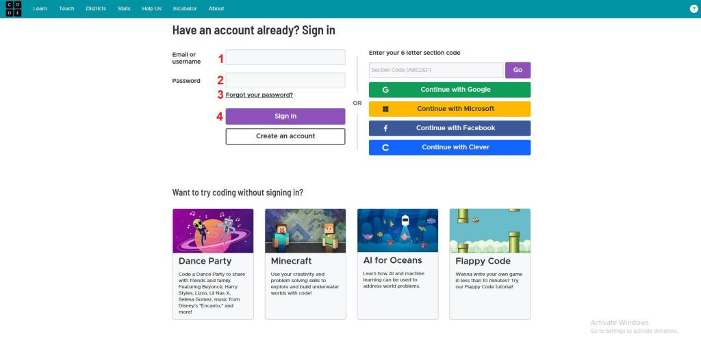 صفحه ورود سایت code.org