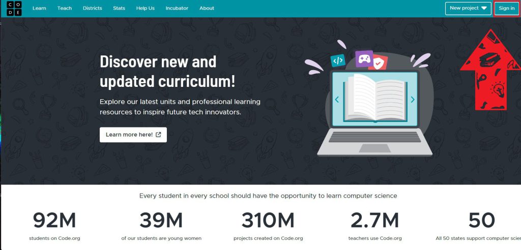 قدم اول ثبت نام در سایت code.org